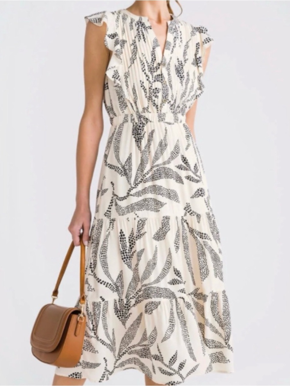 THML Cream Black Botanical Print Tiered Maxi Dress Size S